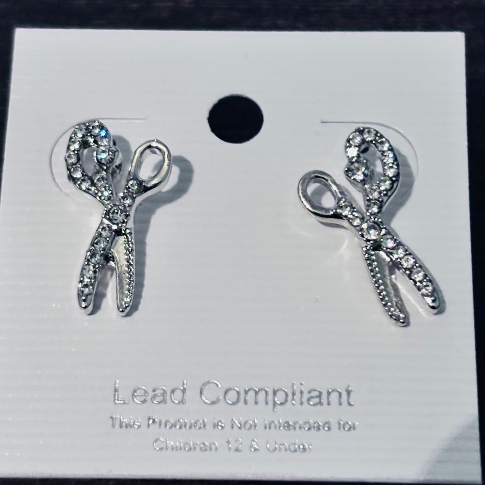 Silver Scissor Stud Earrings Rhinestone Crystal Hair Stylist Seamstress Jewelry